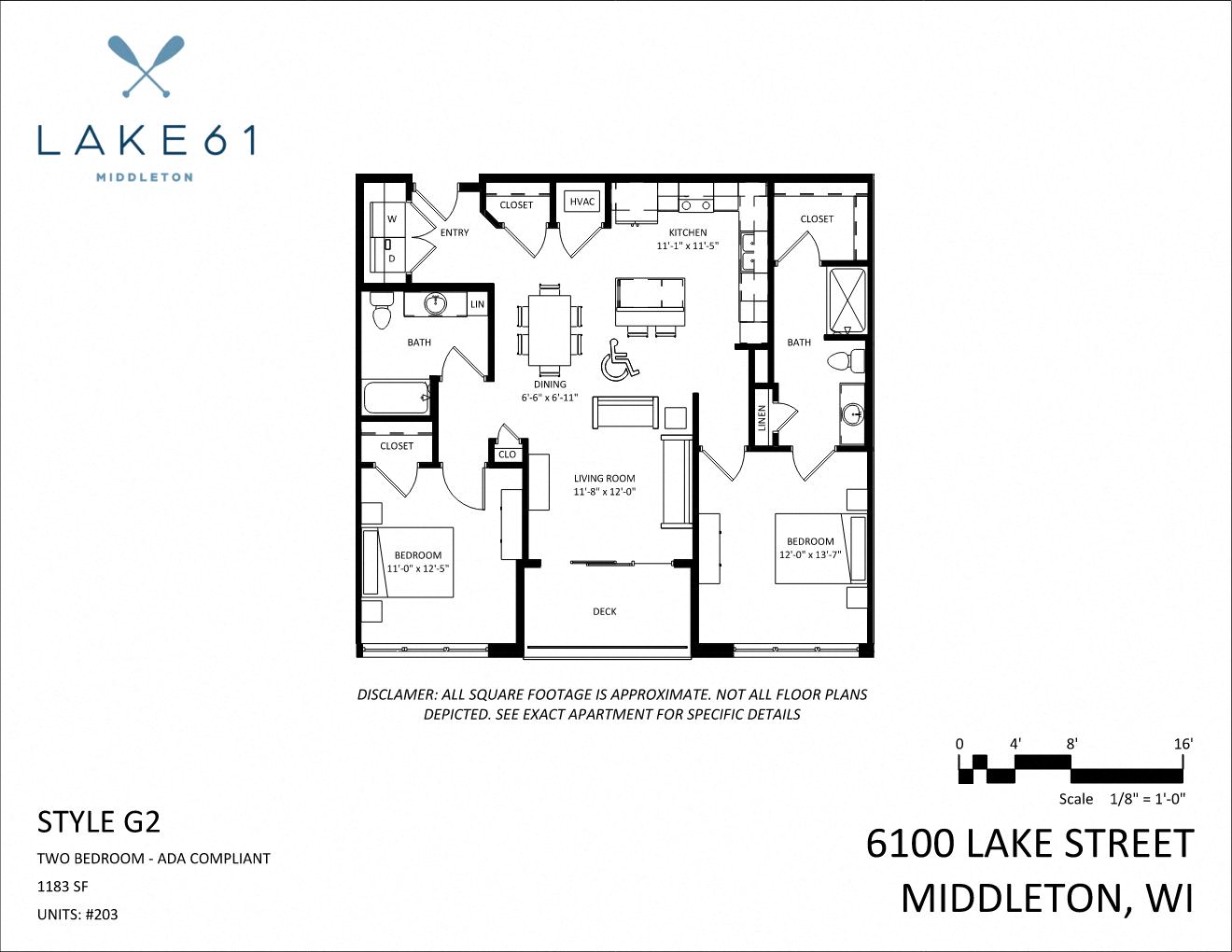 Floor plan for 2 beds, 2 baths, 1183 sqft